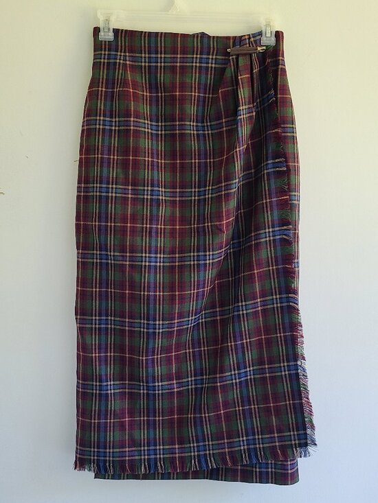 Liz Claiborne Dresses & Skirts - Vintage Faux Wrap Skirt 10 Wst 27.5" Brown Green Plaid 100% Wool Midi FLAWS